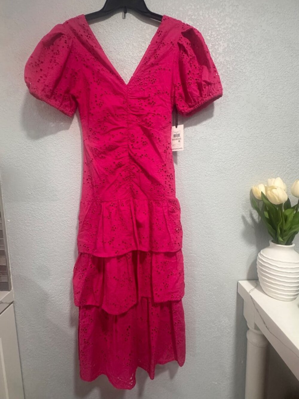 Pink Eyelet Tiered Midi Dress With Puff Sleeves V-Neck And Back Zip Closure - Si - Picture 6 of 9